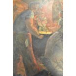 20th century school - Workmen around cauldron in ironworks - 61x49cm oil on board, unsigned,