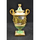 A Flight Barr & Barr green ground vase and cover, gilt snake handles,