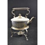 A Goldsmiths & Silversmiths Company silver tea kettle on spirit burner stand,