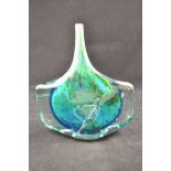A Mdina style 'fish' vase, blue/green glass with white flecks, unsigned - H21.