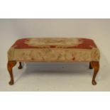 An early 20th century double stool, tapestry top, cabriole legs - W92cm, D50cm CONDITION REPORT good