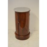 A Victorian mahogany circular pot cupboard, single door, marble top - H74cm, diam 38cm CONDITION