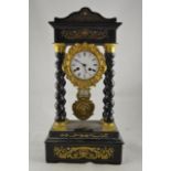 A 19th century Portico clock, black ebonized case inlaid with brass, eight day movement inscribed