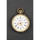 A Swiss 9ct gold ladies fob watch with engraved case, gilt enamel dial inscribed S Shiers & Co,