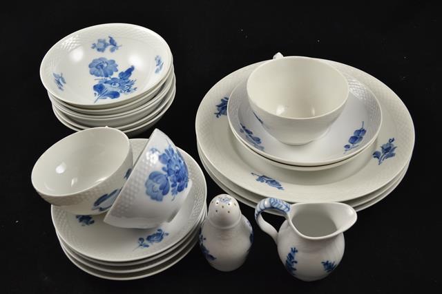 A Royal Copenhagen part dinner and tea 'blue flower' service comprising seven 25cm plates, seven