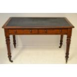 A mid Victorian mahogany writing table, black rexine insert, two drawers, turned legs - H73cm,