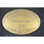 A J. Samuel White & Company Limited brass oval engine plate no.2004, dated 1958 - W22.5cm
