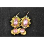 A pair of yellow metal (tests as 15ct gold) drop earrings with pink topaz, turquoise and seed pearls