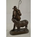 After Bonheur - patinated bronze sculpture of shepherd with sheep, inscribed to base I Bonheur -