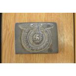 A World War II German Third Reich SS buckle with leather belt inscribed '95 ftb 44', aluminium