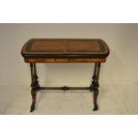 A mid Victorian burr walnut card table with scroll decoration to ebony band, supported on twin