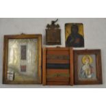 Five Greek Orthodox style artifacts - 10x8cm miniature on copper, painted miniature applique in