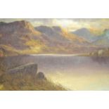 Late 19th/early 20th Century school - Highland scene with loch - 20x40cm oil on canvas, framed.