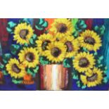 Jana Du Toit (XX) - Sunflowers against an abstract background - 90x120cm oil on canvas, signed