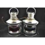 A pair of chrome plated A T Chamberlain & Co, London port and starboard lamps, converted to