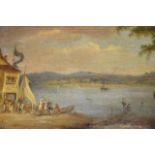 19th century school - figures gathering at riverbank - 34x42cm oil on canvas, gilt frame CONDITION