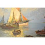 Follower of Gabriel Deschamps - harbour scene with fishing vessels - 38x46cm oil on panel, bears