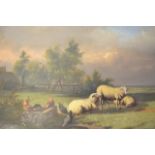 Jef Louis Van Leemputten - sheep and chickens - 31x47cm oil on board, signed bottom left and dated