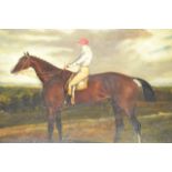 19th century school - equestrian portrait depicting bay racehorse with rider up - 28x40cm oil on