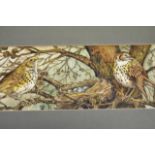 Rita Whitaker (XX) - thrushes beside nest - 10x30cm enamel on copper, signed bottom left, framed and