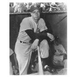 A JOE DIMAGGIO BLACK AND WHITE PHOTOGRAPH AND AUTOGRAPHED ALBUM LEAF, the 8" x 10" black and white