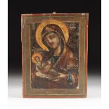 A RUSSIAN POLYCHROME TEMPURA PAINTED WOOD ICON OF THE VIRGIN MARY WITH INFANT CHRIST, POSSIBLY