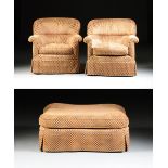 A PAIR OF TWO CUT BROWN VELVET UPHOLSTERED ARMCHAIRS AND ONE LARGE MATCHING OTTOMAN, MODERN, the