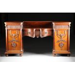 A FINE REGENCY STYLE CARVED MAHOGANY TWO PEDESTAL SIDEBOARD, BY ROYAL WARRANTED MAPLE & CO., LONDON,