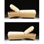A PAIR OF VENEMAN COLLECTIONS WOVEN POLYMER WICKER OUTDOOR CHAISE LOUNGES, TISSAGE COLLECTION,