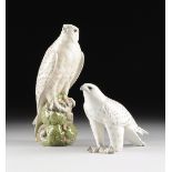 A GROUP OF TWO ROYAL COPENHAGEN POLYCHROME PAINTED PORCELAIN FIGURES OF ICELANDIC FALCONS, GREEN AND