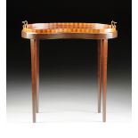 AN ENGLISH EDWARDIAN MAHOGANY, SATINWOOD, AND MARQUETRY TRAY-TOP OCCASIONAL TABLE, FIRST QUARTER
