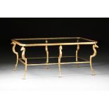 A LARGE NEOCLASSICAL STYLE GOLD PAINTED AND LACQUERED METAL GLASS COFFEE TABLE, MODERN, the