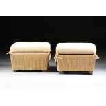 A PAIR OF A VENEMAN COLLECTIONS WOVEN POLYMER WICKER OUTDOOR OTTOMANS, TISSAGE COLLECTION, MODERN,