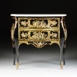 A LOUIS XV STYLE CHINOISERIE BLACK PAINTED AND MOTHER-OF-PEARL INLAID PETITE BOMBE COMMODE, 20TH