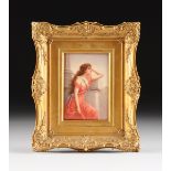 A GERMAN HANDPAINTED PORCELAIN PLAQUE OF A MAIDEN BEAUTY, TITLED "SEHNSUCHT," SIGNED "Wagner,"