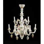 A DRESDEN STYLE PORCELAIN ROCOCO TWO TIER CHANDELIER IN THE CARL THIEME DESIGN, the encrusted floral