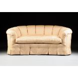 A MODERN UPHOLSTERED AND PADDED LOVE SEAT, with a low arched back continuing as downswept arms
