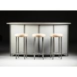 A FOUR PIECE CONTEMPORARY GALVANIZED STEEL AND CAST STONE BAR AND THREE STOOLS, MODERN, with a