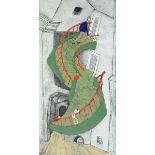 A VINTAGE MODERN POLYCHROME ENAMELED COPPER PAINTING, "Dreaming Of a Man Ascending a Staircase,"