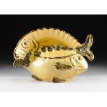 A VINTAGE FRENCH VILLAURIS GLAZED EARTHENWARE LIDDED FISH TUREEN AND PLATTER, INCISED MARKS, FIRST