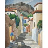 MANOS SOFIANOS (Greek 1922-1986) A PAINTING, "Streetscape, Rhodes," acrylic on canvas board,