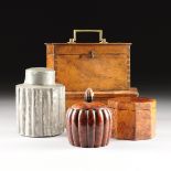A MISCELLANEOUS GROUP OF FIVE TEA CADDIES AND BOXES, 19TH CENTURY AND LATER, comprising one of