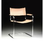 A CONTEMPORARY LEATHER AND CHROMED TUBULAR STEEL ARMCHAIR, LATE 20TH CENTURY, of rectangular form
