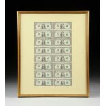 A FRAMED SHEET OF SIXTEEN UNCUT AMERICAN $1 NOTES, 1993 series. Height: 20 1/2" Width: 12'