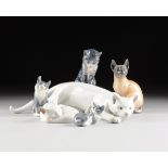 A COLLECTION OF SIX ROYAL COPENHAGEN POLYCHROME PAINTED PORCELAIN CAT FIGURES, GREEN AND BLUE