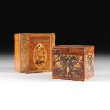 TWO ANTIQUE EXOTIC WOODS INLAID MARQUETRY TEA CADDIES, ENGLISH REGENCY AND ITALIAN, 19TH CENTURY,