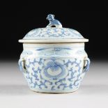 A DIMINUTIVE CHINESE BLUE AND WHITE PORCELAIN LIDDED STORAGE JAR, 19TH/20TH CENTURY, of tapering