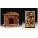 A CHINESE CARVED WOOD HOUSEHOLD SHRINE AND A PARCEL GILT CARVED WOOD BIRDS AND FLOWERS PANEL, 20TH
