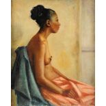 KATHERINE BIRGE (American 20th Century) A PAINTING, "Seated Nude," oil on canvas, signed L/R. 29 1/