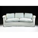 A MODERN PALE BLUE VELVET UPHOLSTERED TWO SEAT SOFA, with an arched and slightly curved back